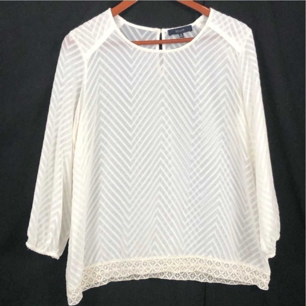 Eclair Sheer Creamy White ChevronPattern Blouse Sz MP Lace Hem Quiet Luxury Boho